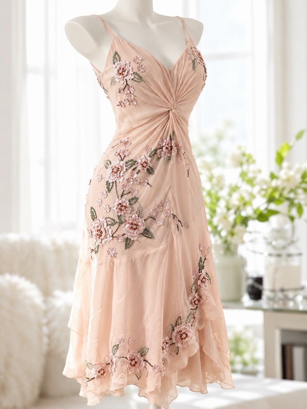 Sue Wong Silk Midi Dress 8 Pink Floral Beaded Embroidered Cocktail Wedding